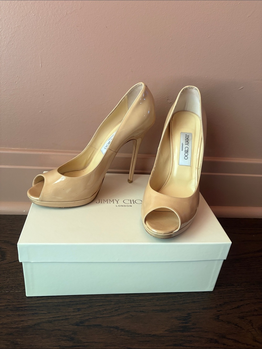 Jimmy Choo Nude Patent Peep-Toe Stiletto Pumps